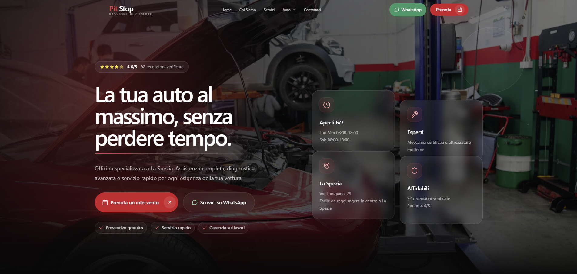 Homepage of the PitStop1 auto repair shop site
